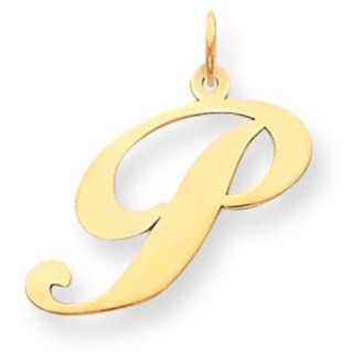 14K Yellow Gold Large Fancy Script Initial P Charm: Jewelry