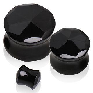 Natural Black Agate Faceted Double Flare Saddle Plugs   0G (8mm)   Sold as a Pair: Jewelry
