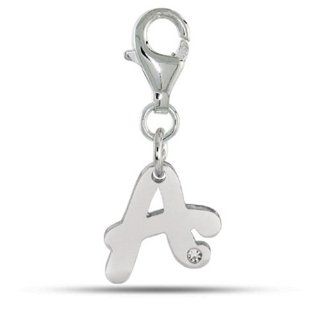Script Initial Letter A With Crystal In Rhodium Plated Sterling Silver Clip On Charm Jewelry