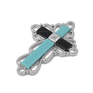 Sterling Silver Turquoise & Black Onyx Fine Cross Pendant: Pendant Necklaces: Jewelry