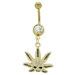 Gold Plated Dangle Pot Leaf Skull Head Belly Ring with Cz Gems: Jewelry