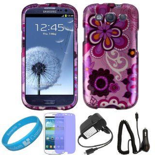 Purple Floral 2 piece Snap on Cover Shield Protector for Samsung Galaxy S III Android Smartphone (fits all Samsung Galaxy S3 models) + Clear Screen Protector + Black Car Charger + Black Wall Charger + SumacLife TM Wisdom Courage Wristband: Cell Phones &
