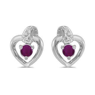 10K White Gold Round Ruby and Diamond Heart Shaped Earrings Jewelry
