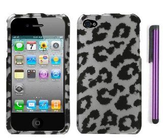 Apple Iphone 4, 4s Phone Protector Hard Cover Case Black Silver Leopard Design With Pry Tool And Touch Screen Stylus Pen (AT&T, Verizon, Sprint) Cell Phones & Accessories