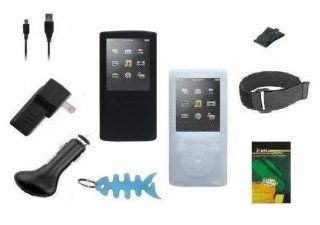 9 Items Accessory Combo Kit for Sony Walkman E Series Walkman (NWZ E353 & NWZ E354): Includes Two Silicone Skin Cases (One Black & One Clear/White), Armband, Belt Clip, LCD Screen Protector, USB Wall Charger, USB Car Charger, 2in1 USB Data Cable an