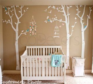 PopDecors   Three birch trees and birdcage Custom Beautiful Tree Wall Decals for Kids Rooms Teen Girls Boys Wallpaper Murals Sticker Wall Stickers Nursery Decor Nursery Decals   Home Decor Products