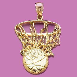 14k Gold Sports Necklace Charm Pendant, Swoosh Basketball & Net: Million Charms: Jewelry