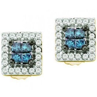 0.33 Carat (ctw) 14k Yellow Gold Blue & White Diamond Ladies Invisible Set Stud Earrings: Jewelry