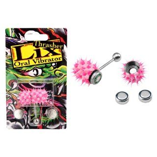 Lix Oral Vibrator Thrasher Tongue Ring is a 316L Surgical Steel, Safe, Vibrating, Powerful, Battery Operated, Micro Massager with a Pink Silicone Spiked Head   14G   Includes 3 #393 Watch Batteries: Health & Personal Care