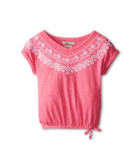Lucky Brand Kids Embroidered V Neck Top Girls Short Sleeve Pullover (Pink)