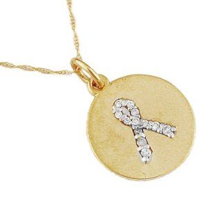 14K Yellow Gold Diamond Cancer Awareness Necklace: Jewelry