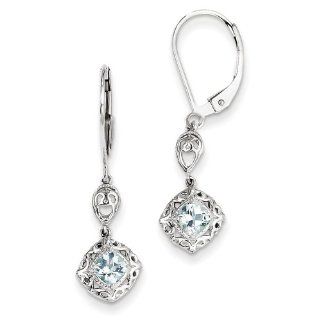 Sterling Silver Diamond & Aquamarine Lever Back Earrings: Jewelry