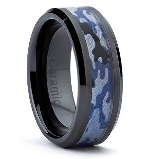 8MM Black Ceramic Military Black Blue Camouflage Band Army, Navy, Air Force, Marines Ring Sizes 7 to 15: Jewelry