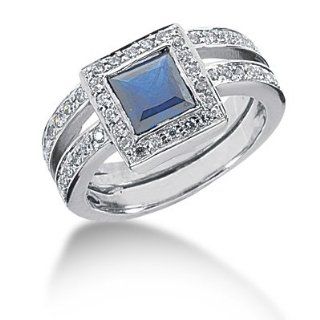 1.15 Ct Diamond Sapphire Ring Engagement Princess cut 14k White Gold: Jewelry