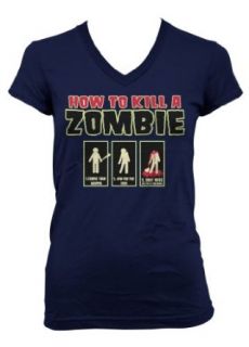 (Cybertela) How To Kill A Zombie Junior Girl's V neck T shirt Funny Gothic Horror Tee (Navy Blue, X Large) Clothing