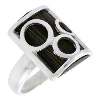 Sterling Silver Bubble Design Rectangular Ring, w/ Ancient Wood Inlay, w/ Triple Circle Cut outs, 7/8 inch (22 mm) wide: Jewelry