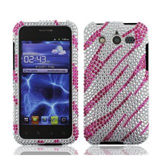 Huawei Mercury M886 M 886 / Glory Cell Phone Full Crystals Diamonds Bling Protective Case Cover Silver and Hot Pink Zebra Animal Skin Stripes Design Cell Phones & Accessories