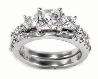 Three Stone Princess Cut Cubic Zirconia Engagement Ring Set Size 5: Teeda: Jewelry