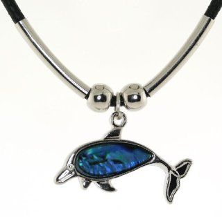 Blue Paua Shell Stone Dolphin Pendant Cord Necklace: Jewelry