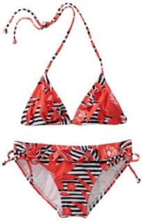 Roxy Girls 7 16 Seashore Party Print Tiki Tri Ruffle 2 Piece Swimsuit Set, Bright Coral, 7: Clothing
