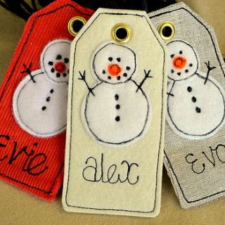 personalised snowman christmas tag by sew very english