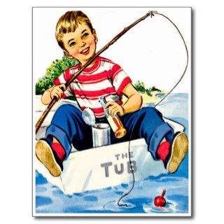 Little Boy Fishing   Retro Happy Birthday Card Postcard