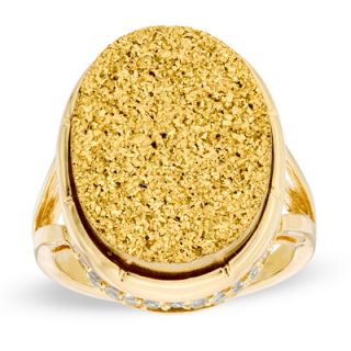 Oval Golden Drusy Quartz and Lab Created White Sapphire Ring in Bronze