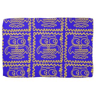 Fun Colorful Owls Blue Yellow ZigZag Pattern Hand Towels