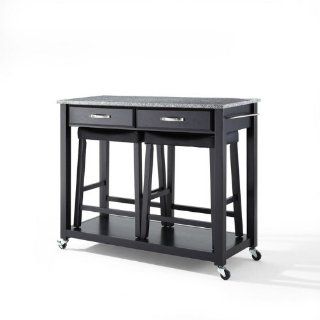 Crosley Furniture Solid Granite Top Kitchen Cart/Island in Black Finish with 24 Inch Black Upholstered Saddle Stools: Home & Kitchen