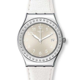 Swatch YLS448 white fan silver dial leather strap women watch NEW at  Women's Watch store.