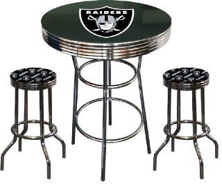 3 Piece Oakland Raiders Football Logo Chrome Metal Finish Pub Set with Glass Table Top & 2 Bar Stools!  