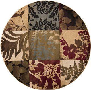 8' Patchwork Garden Brown and Tan Geometric Blocks Round Area Throw Rug   Machine Made Rugs
