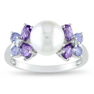 5mm Cultured Freshwater Pearl, Amethyst and Tanzanite Ring in