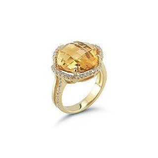 14 Karat Yellow Gold Polish Finished Cocktail Ring, Centered With A Citrine Color Stone Finished, Enhanced With Pave Set Diamonds. Jewelry