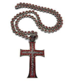 Allover Stone Ball 8mm Cluster Chain Necklace w/Cross Black/Red SCP471HERD Pendant Necklaces Jewelry
