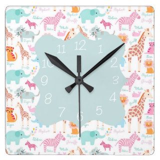 Safari Animal Nursery Print Square Wall Clock