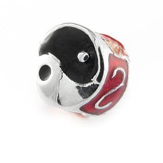 Ying/Yang in Black/Red Enamel Charm By Olympia   Compatible & Fits Major Brand Name Bracelets   Silver Plated: Jewelry