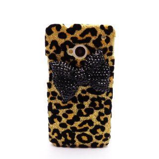 Deluxe Black 3D Diamante Bow Gold Leopard Shiny Case Cover for HTC ONE M7 NEW Cell Phones & Accessories