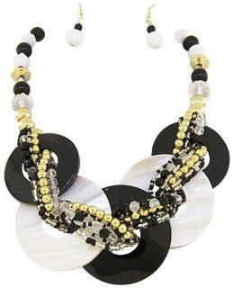 Chunky Black & White Genuine Shell Rings Mother Of Pearl Gold Beads Crystal Statement Necklace & Earring Set Fashion Jewelry: Jewelry