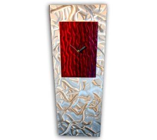 Contemporary Metal Wall Clock 'Red/Raspberry Reflections'   30x10 in.   Modern Artwork Color Painted Design   Silver Art Dcor  