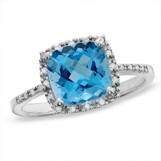 Cushion Cut Blue Topaz Ring in 14K White Gold with Diamond Accents