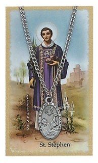 Pewter Pendant Necklace Medal & Saint Gift Set PSD550SN St. Saint Saint Stephen Prayer Card Set 1" X 5/8" Pendant w/24" Chain: Jewelry