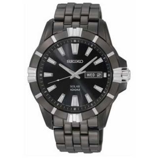 Mens Seiko Solar Black Ion Plated Stainless Steel Watch with Black