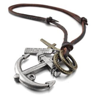 JBlue Jewelry Men's Alloy Genuine Leather Pendant Necklace Adjustable Gold Cross Anchor Vintage with Chain (with Gift Bag): Jewelry