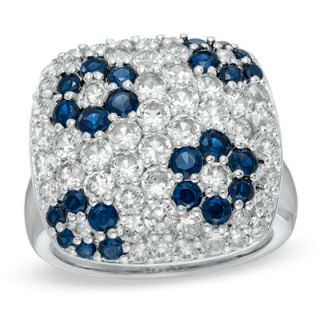 Lab Created Blue and White Sapphire Flower Ring in Sterling Silver