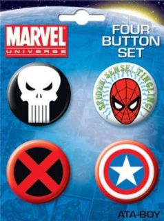Marvel Four Button Set: Spiderman, Captain America, X Men, Punisher: Clothing