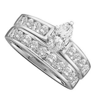 14K White Gold Marquise Diamond Center with Side Stones Channel Set Round White Diamonds Duo 2 Two Piece Womens Ladies Bridal Set Wedding Engagement Solitaire Ring ( 0.25 ct Center   Total 1.00 cttw H   I Color SI3   I1 Clarity ) (Size 4 ~ 9): Jewelry