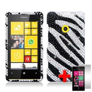 Nokia Lumia 521 (T Mobile) 2 Piece Snap On Rhinestone/Diamond/Bling Case Cover, Black/White Zebra Stripe Pattern + LCD Clear Screen Saver Protector Cell Phones & Accessories