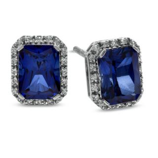 Emerald Cut Lab Created Blue and White Sapphire Stud Earrings in