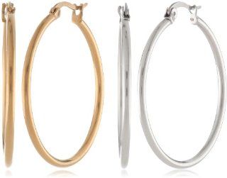 Pack of 2 35mm In Stainless Steel, 18K Gold Plated, Top Click Closure Hoop Earrings: Jewelry